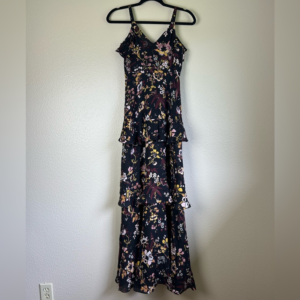 A.L.C. Zaydena Floral Silk Maxi Dress Black Floral Print Ruffle Spaghetti Strap - Picture 7 of 10